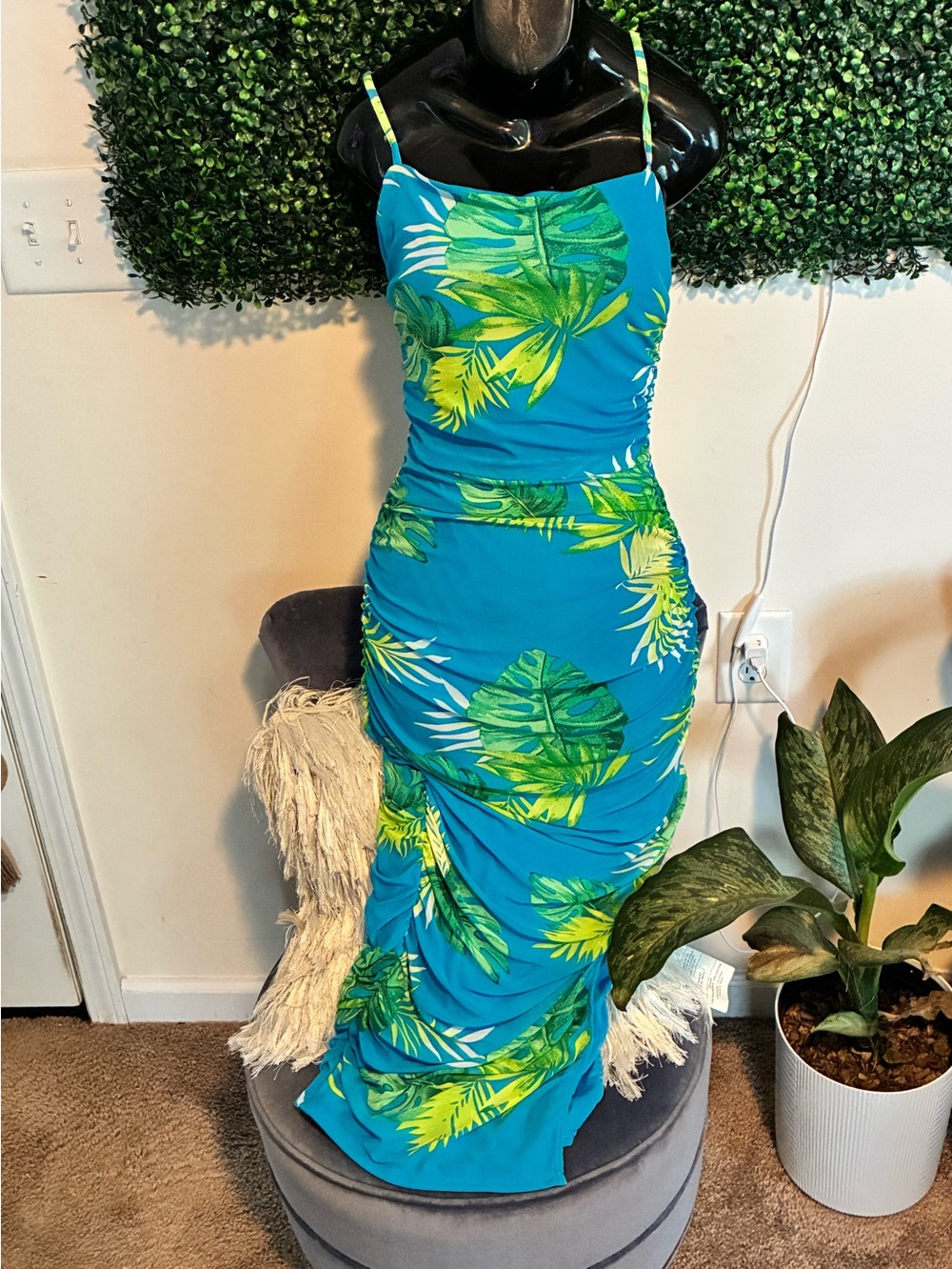 Tropical Blue Ruched Spaghetti-Strap Dress
